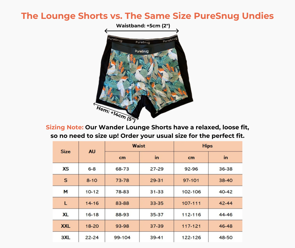 Image of lounge shorts compared to PureSnug undies, with a size chart and notes on fit and sizing recommendations.