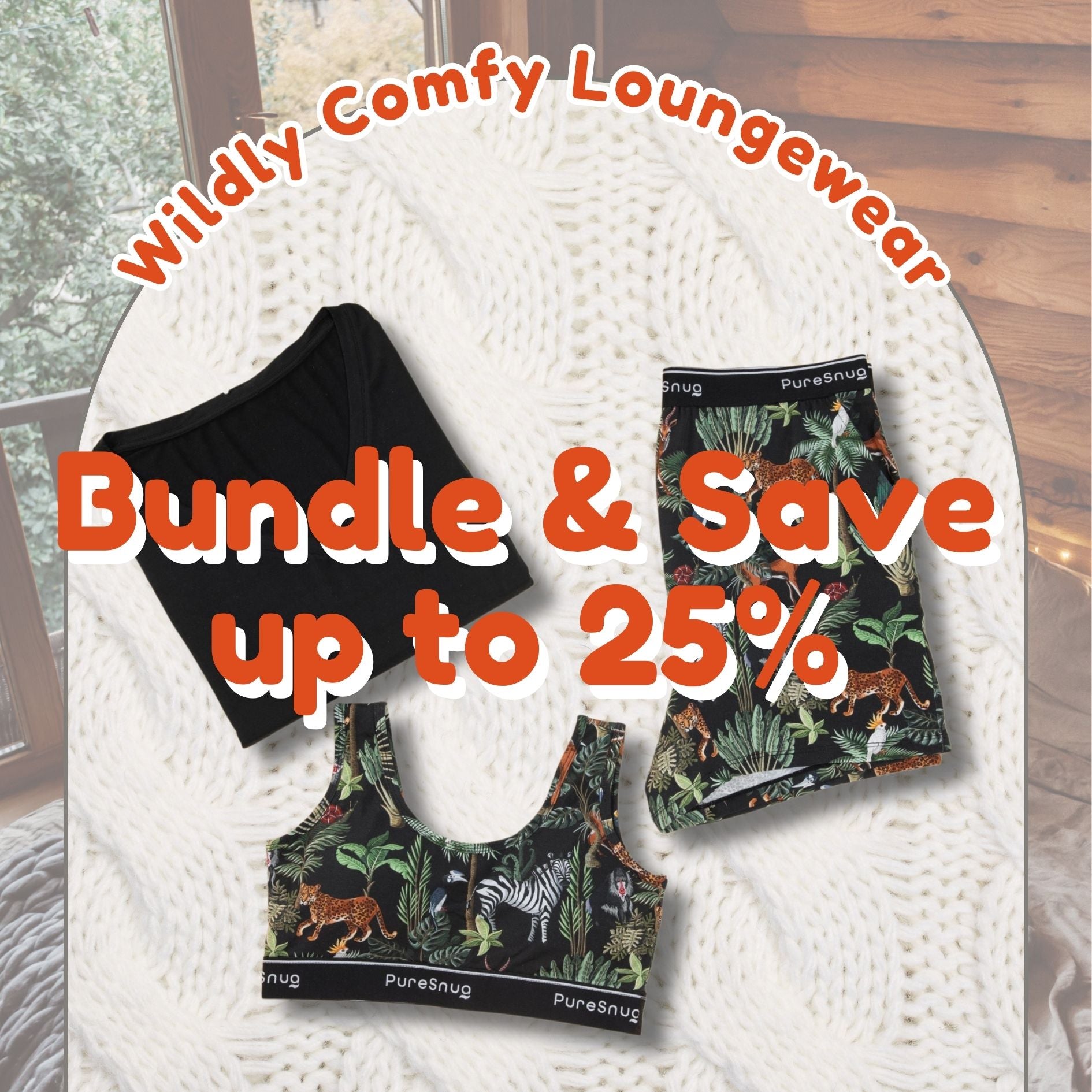 Wildly Comfy Loungewear set  in jungle print with promotional text on a textured surface, Pure Snug