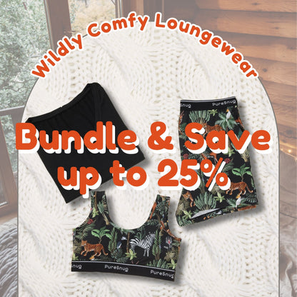 Wildly Comfy Loungewear set  in jungle print with promotional text on a textured surface, Pure Snug