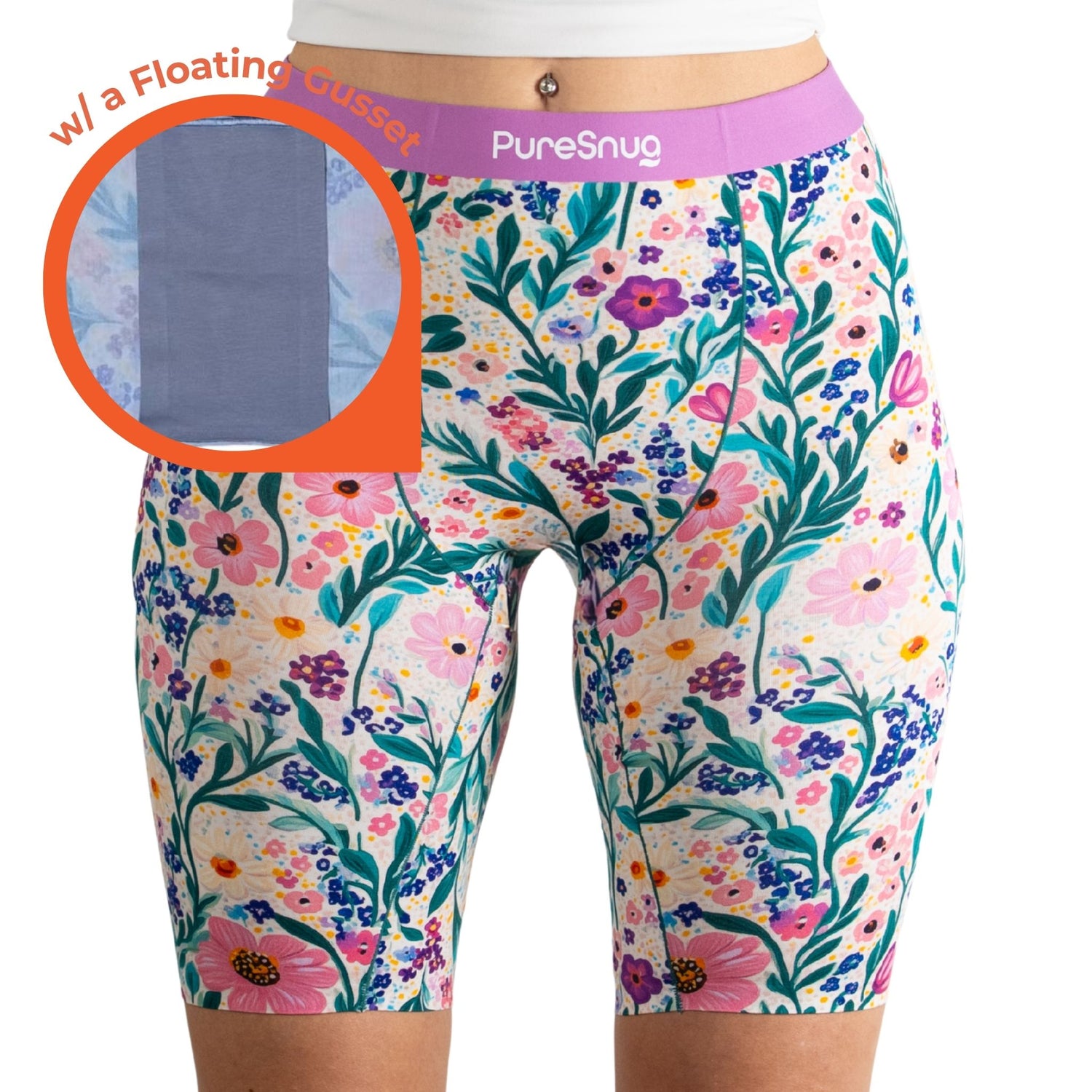 Floral-patterned biker briefs underwear with a floating Gusset feature, PureSnug