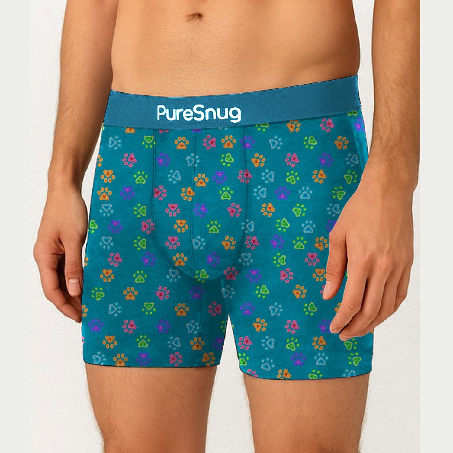 Blue boxer briefs with colorful paw print pattern and 'PureSnug' branding on a white background.