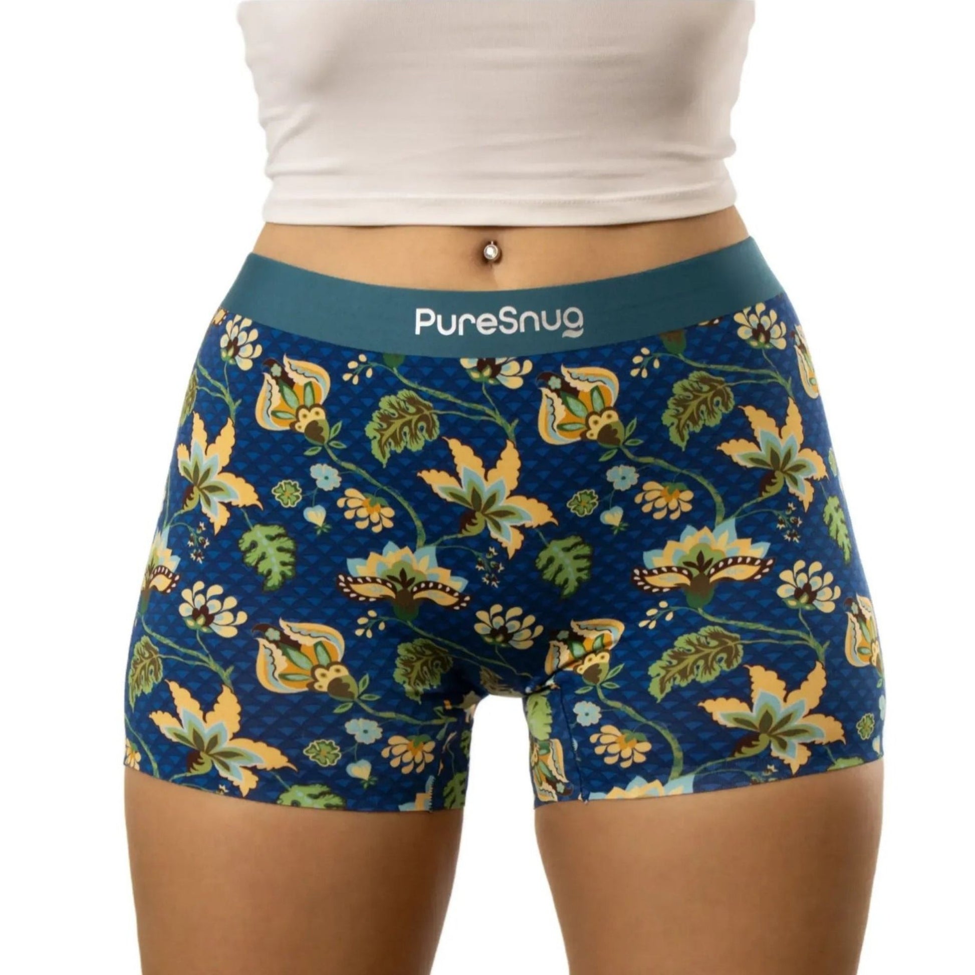 Floral-patterned underwear with 'PureSnug' branding on a white background