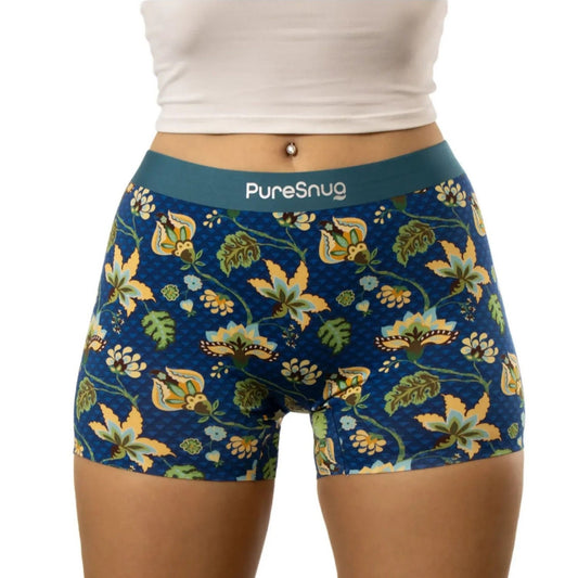 Floral-patterned underwear with 'PureSnug' branding on a white background
