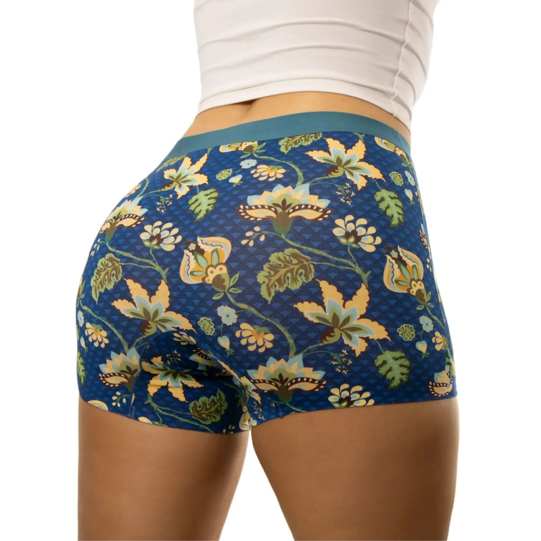 Side view of midnight blossom floral-patterned boyleg shorts 