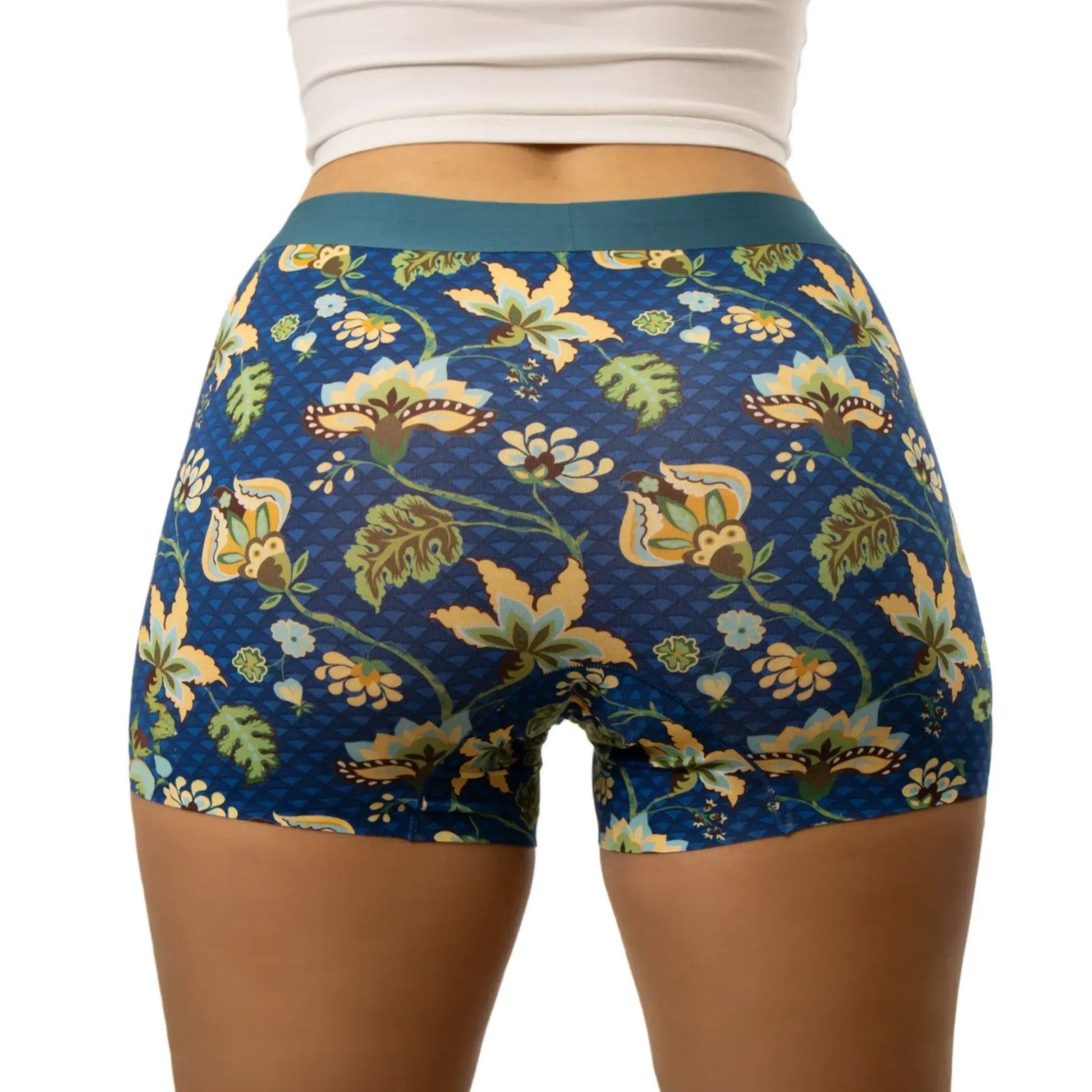 Rear view of midnight blossom floral-patterned boyleg shorts 