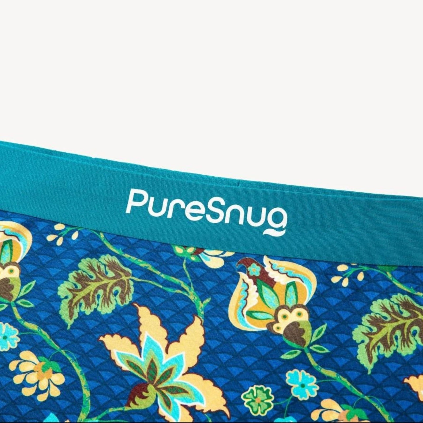 Floral-patterned product with 'PureSnug' branding on a blue background