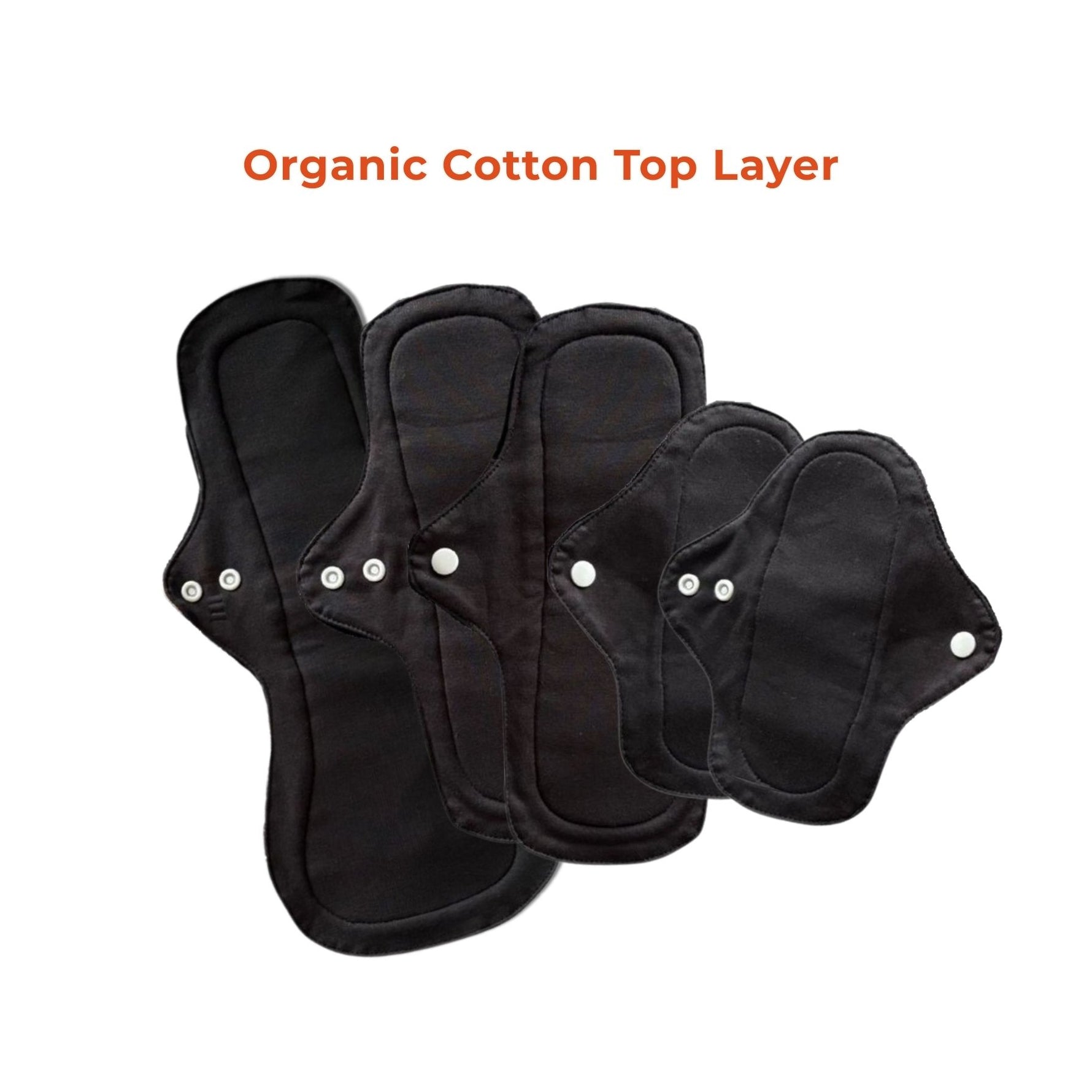 Set of black reusable pads made with organic cotton, showcasing various sizes and shapes for menstrual protection.
