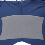 Close-up of PureSnug navy blue lounge short featuring a gray gusset panel at the back center