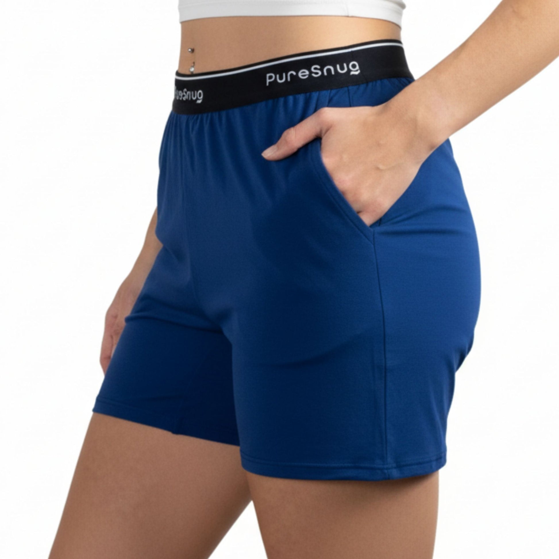 Navy Blue shorts with PureSnug's brand logo in the waistband on a white background