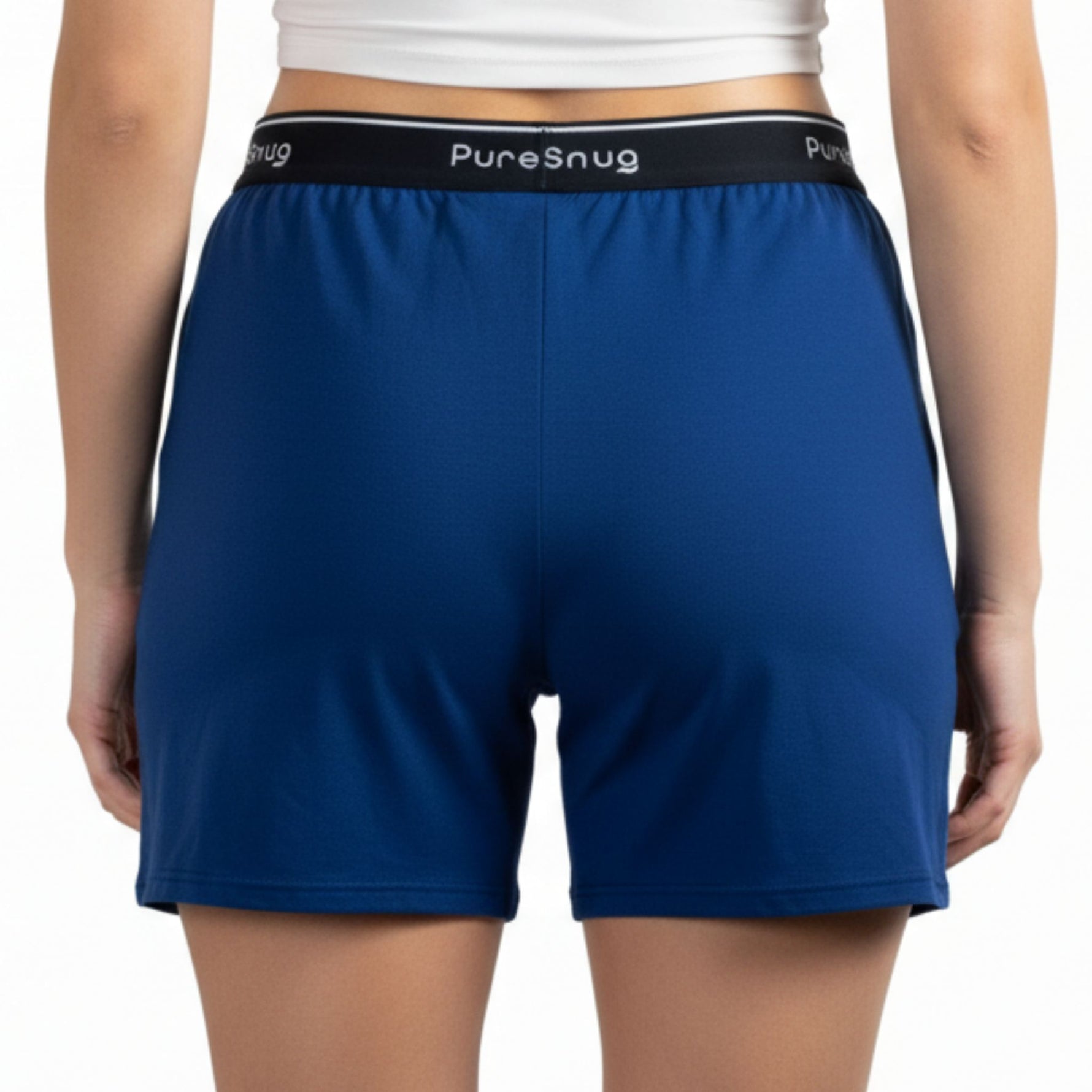 Navy Blue lounge shorts with a visible brand logo on a white background