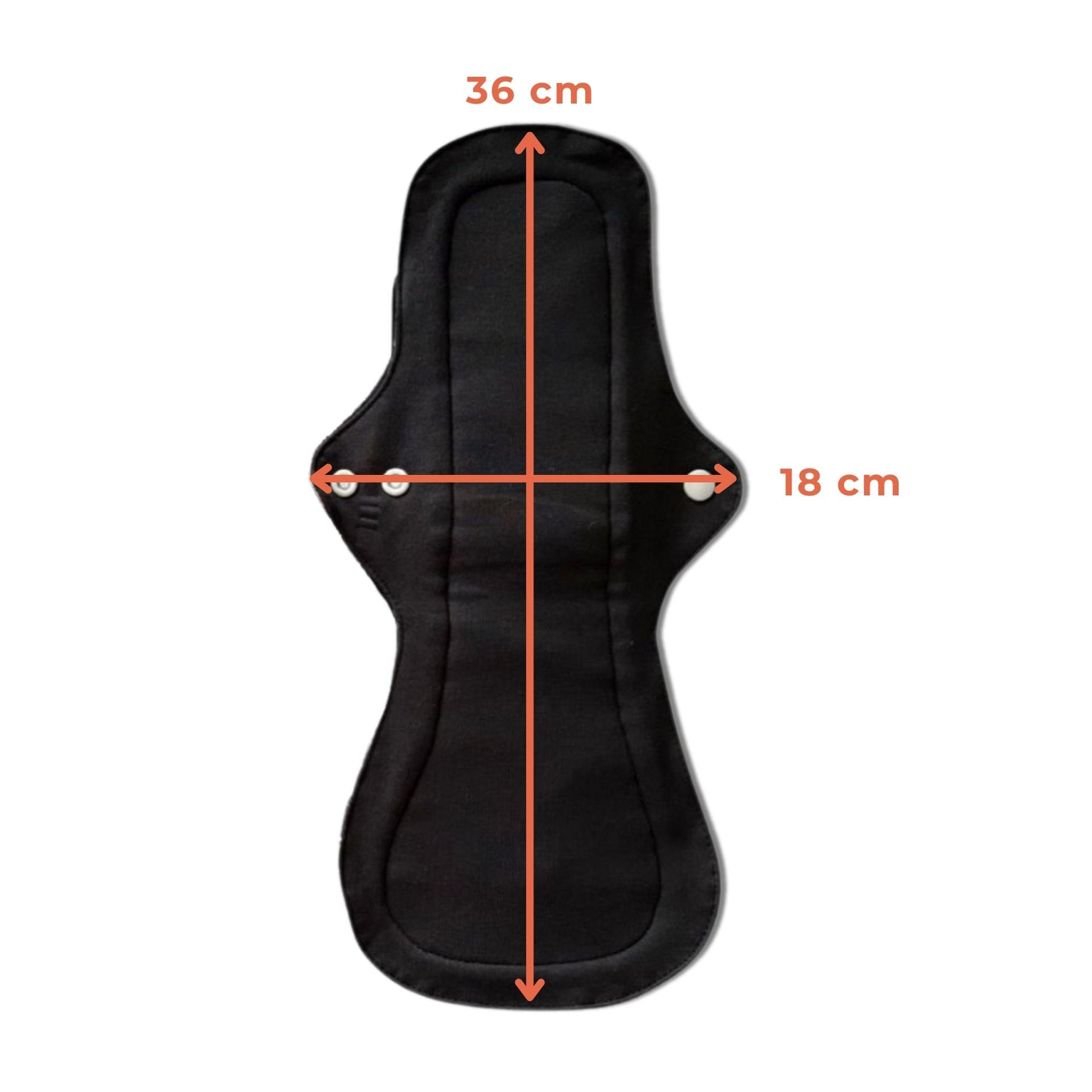 Black reusable night pad with dimensions labeled. The pad measures 36 cm in length and 18 cm in width.
