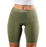 Olive Green biker shorts with 'PureSnug' branding on a white background