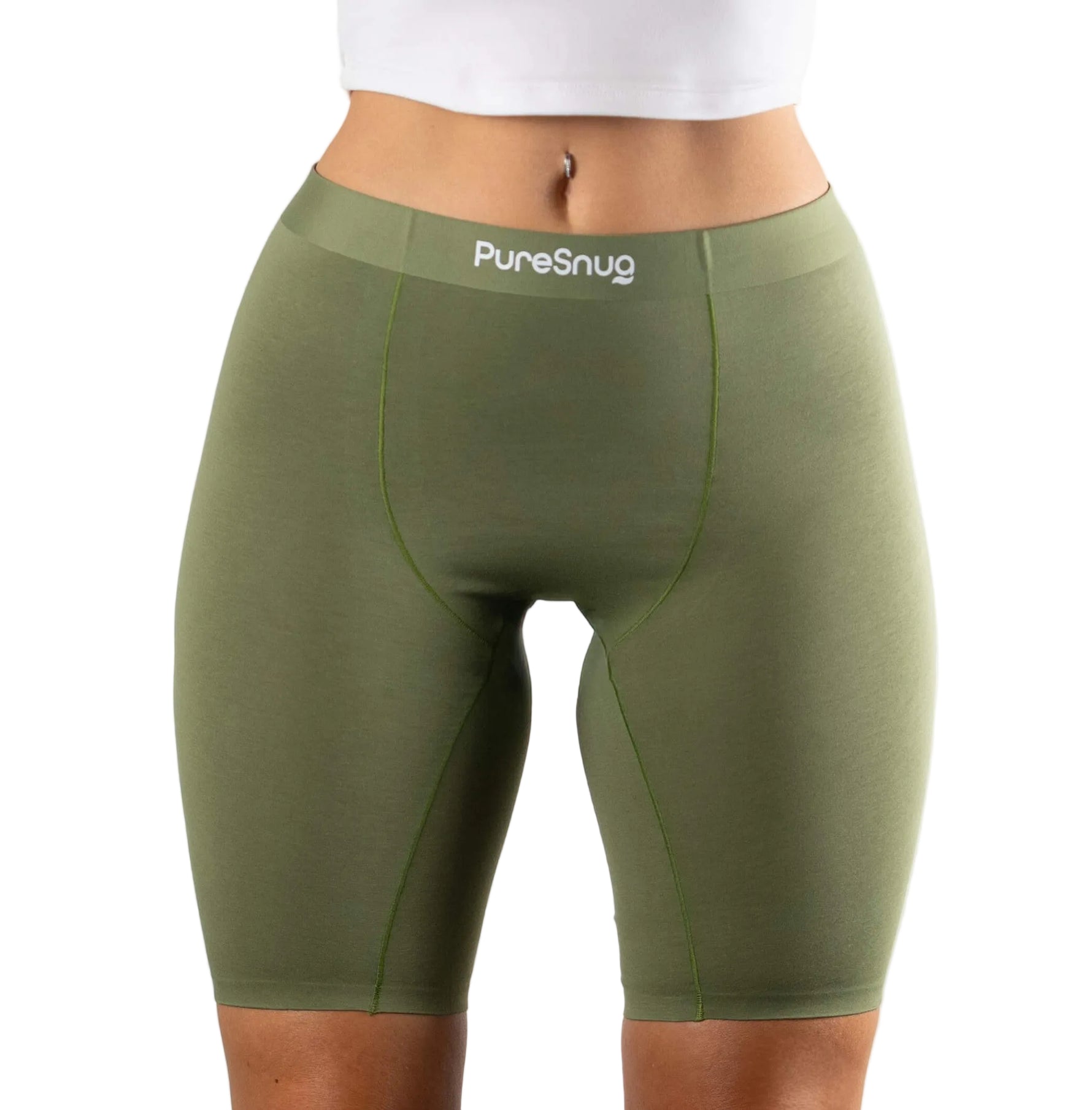Olive Green biker shorts with 'PureSnug' branding on a white background