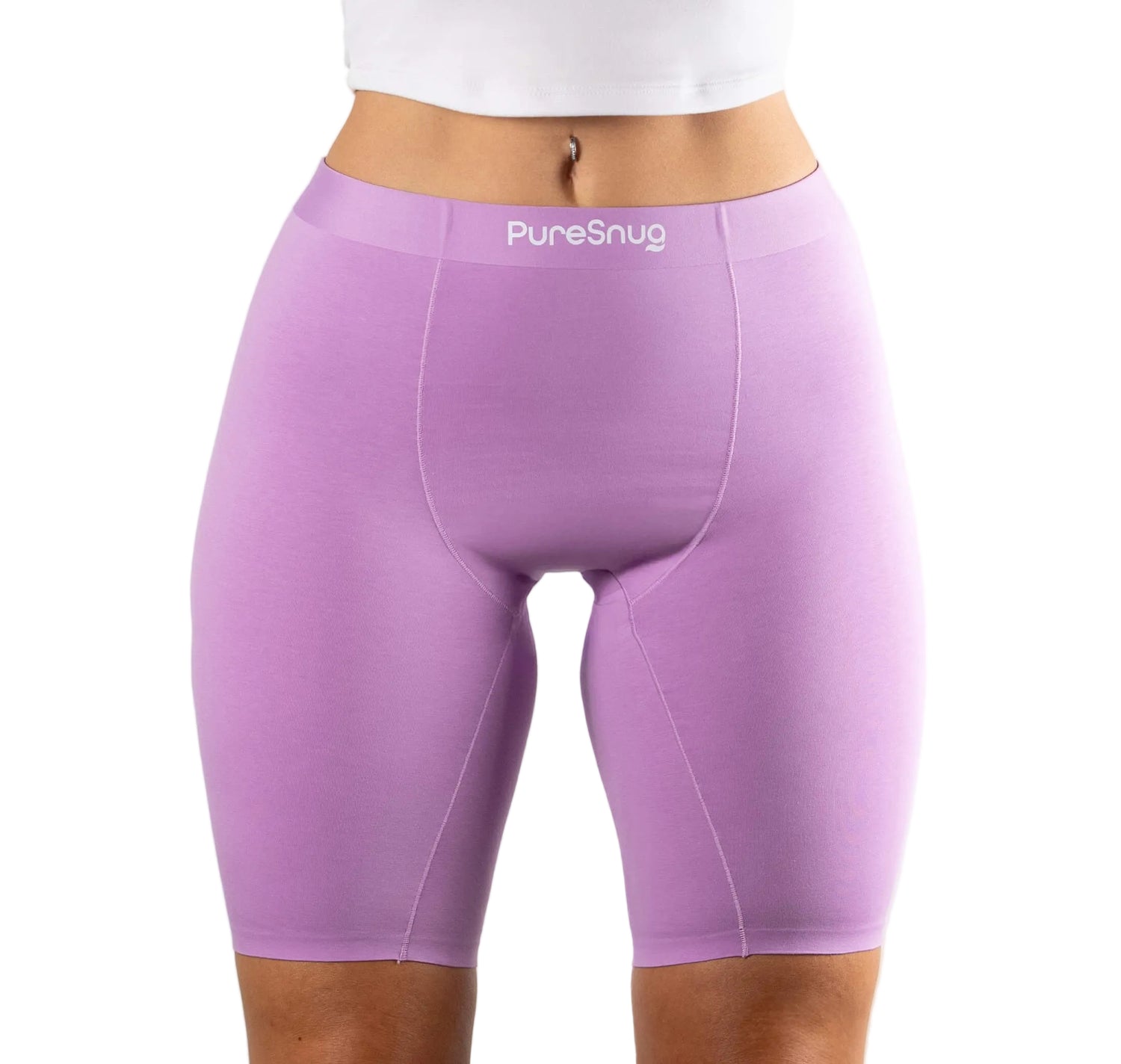 Orchid biker shorts with 'PureSnug' branding on a white background