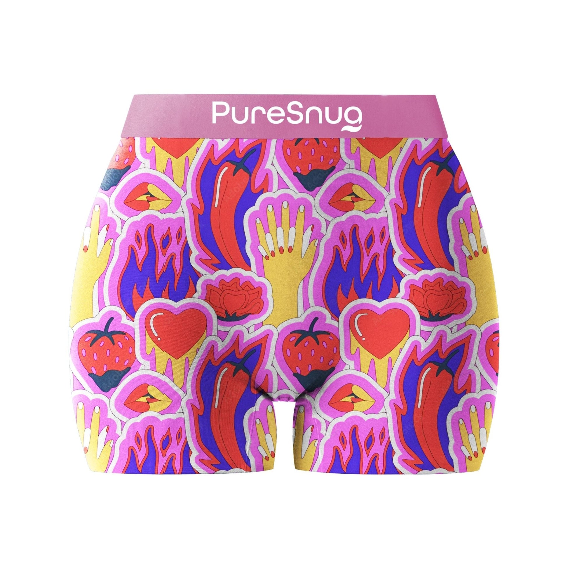 Puresnug underwear, boyleg in 3 inches inseam, boxer briefs, booty short. underwear in spicy smooth print. in pink background. sold in Australia, by Pure Snug.