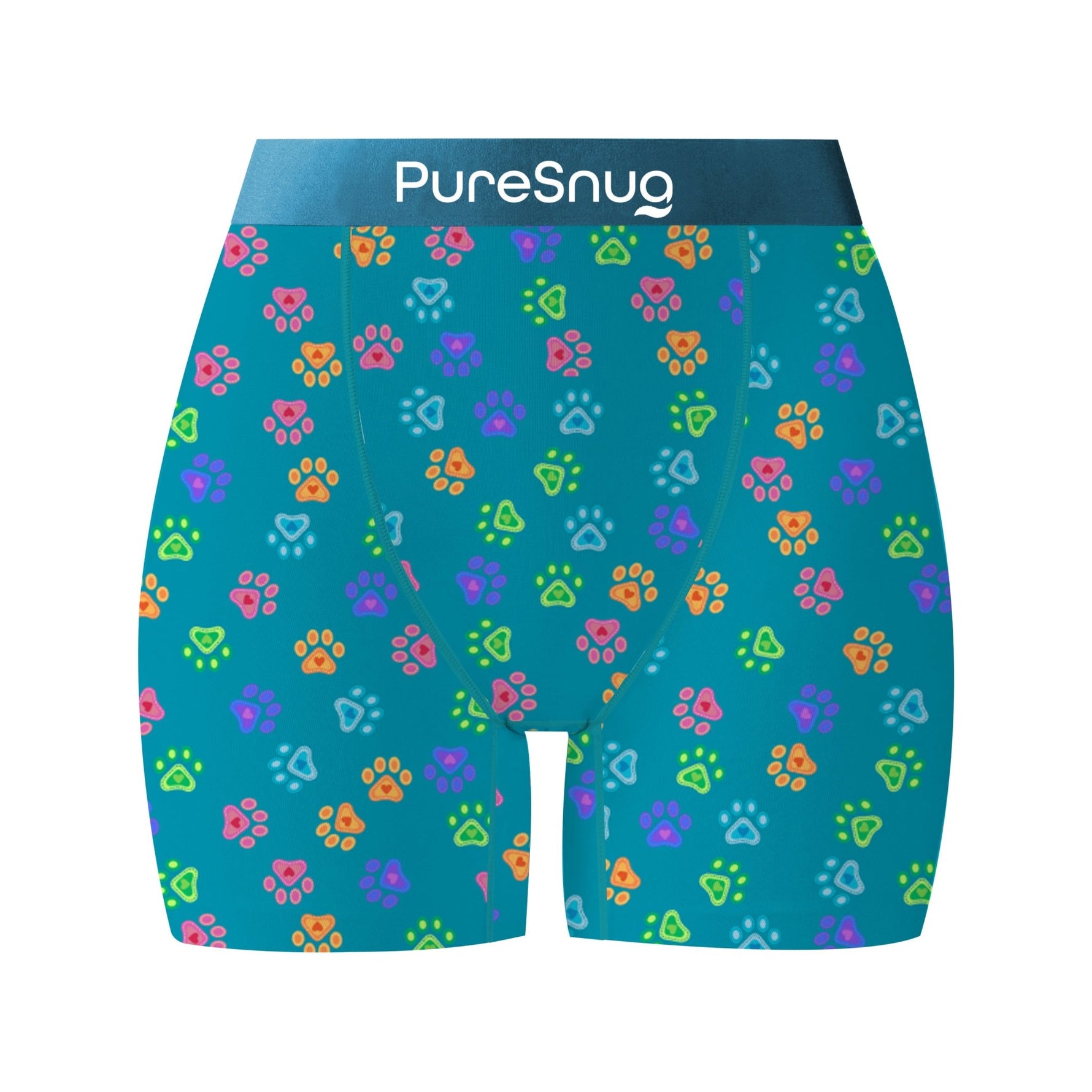 Bright blue fabric with colorful paw print patterns in yellow, pink, green, and blue, and the brand name "PureSnug"