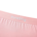Close-up of a pink waistband with 'PureSnug' branding on a white background