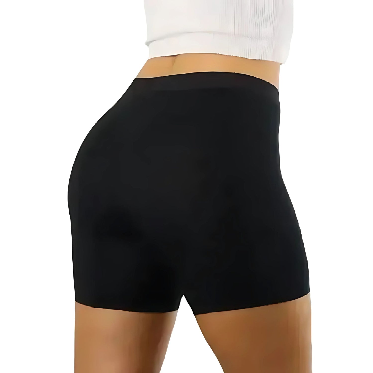 A model wearing the new PureSnug's black high-waisted boxer briefs with attached gusset
