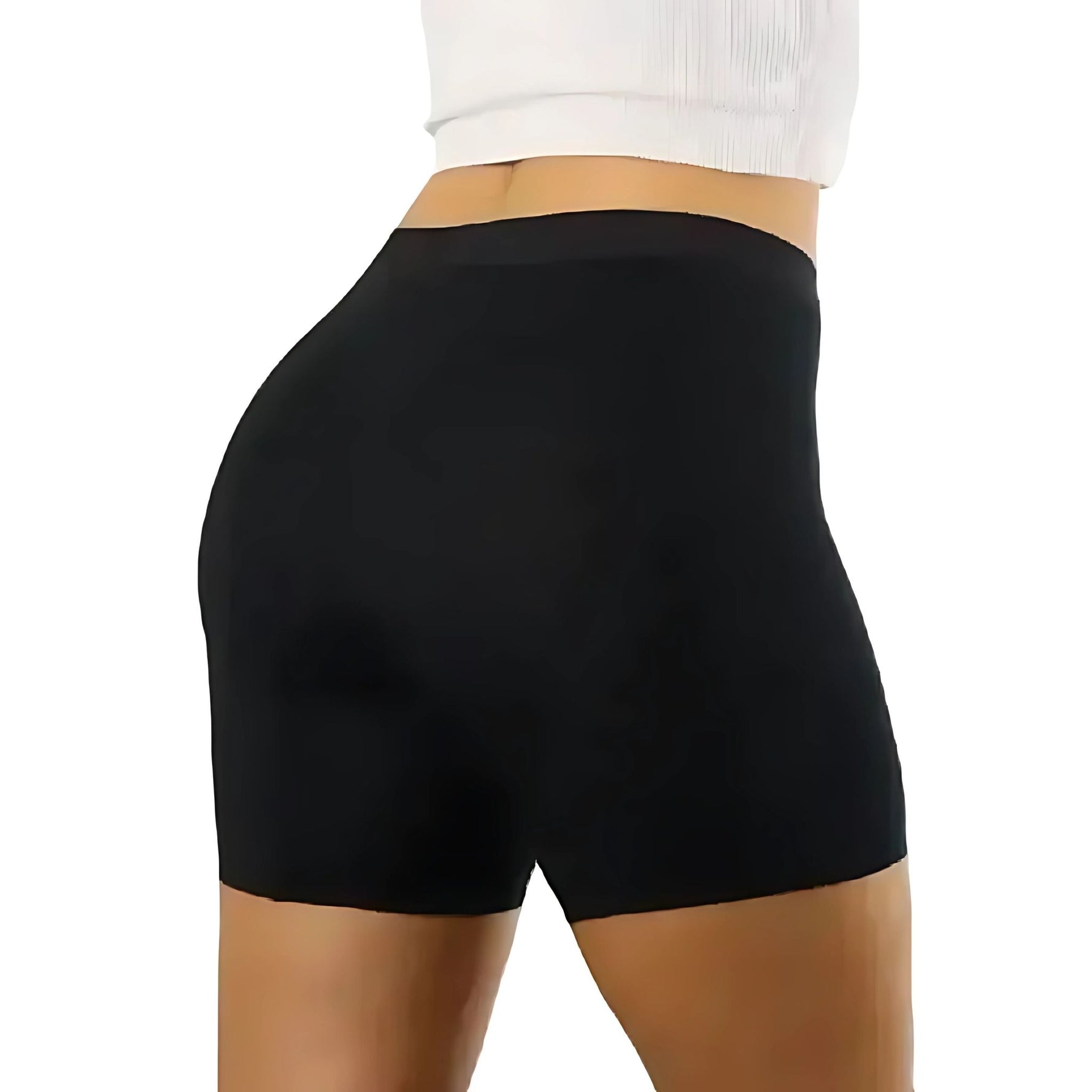 A model wearing the new PureSnug's black high-waisted boxer briefs with attached gusset