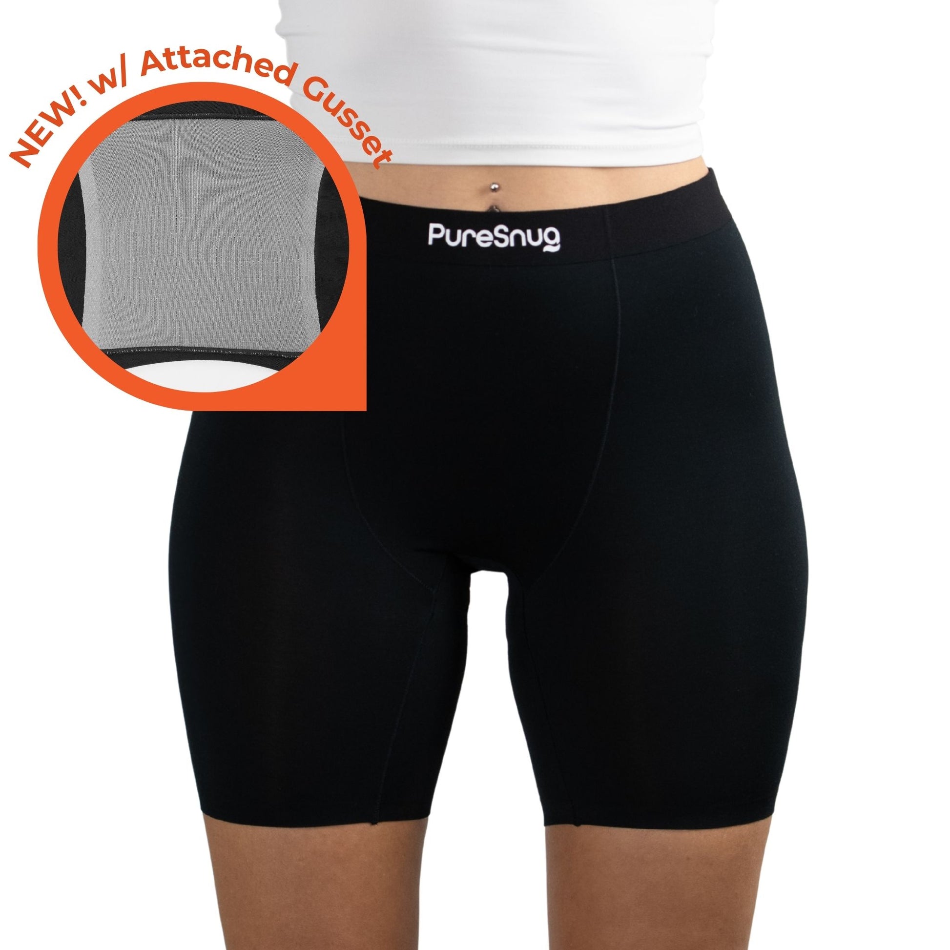 Model wearing PureSnug's new black high-waisted boxer brief featuring a new attached gusset, highlighted by an orange circle with text.
