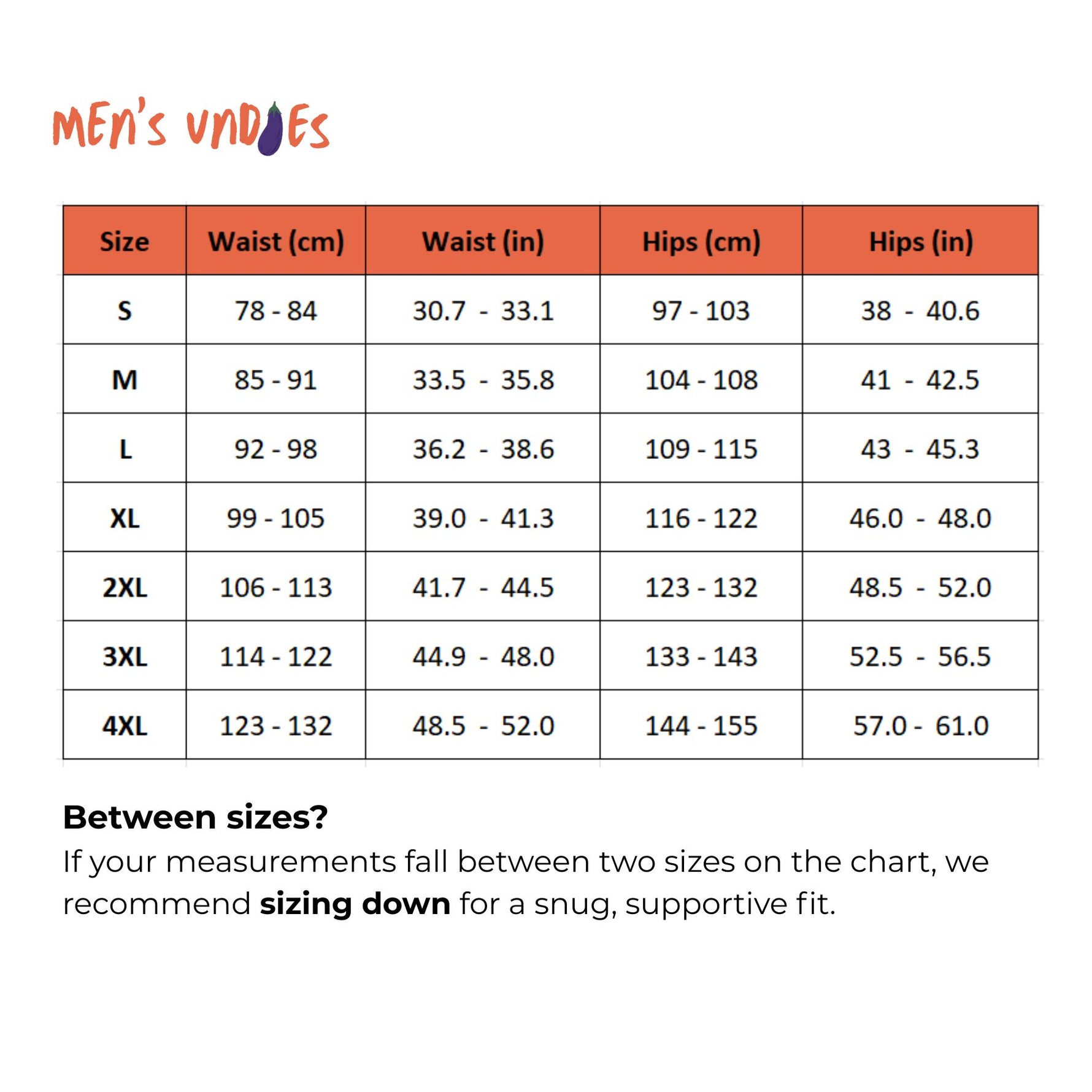 PureSnug men's underwear size chart showing waist, hips, and flat waist measurements in cm and inches for sizes S to 4XL
