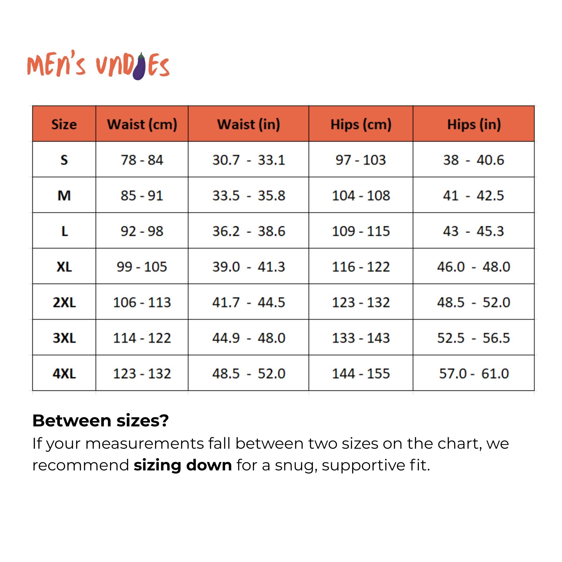 PureSnug men's underwear size chart showing waist, hips, and flat waist measurements in cm and inches for sizes S to 4XL