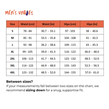 PureSnug men's underwear size chart showing waist, hips, and flat waist measurements in cm and inches for sizes S to 4XL
