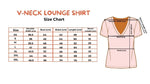 PureSnug's V-neck lounge shirt size chart displaying measurements for XS to 3XL