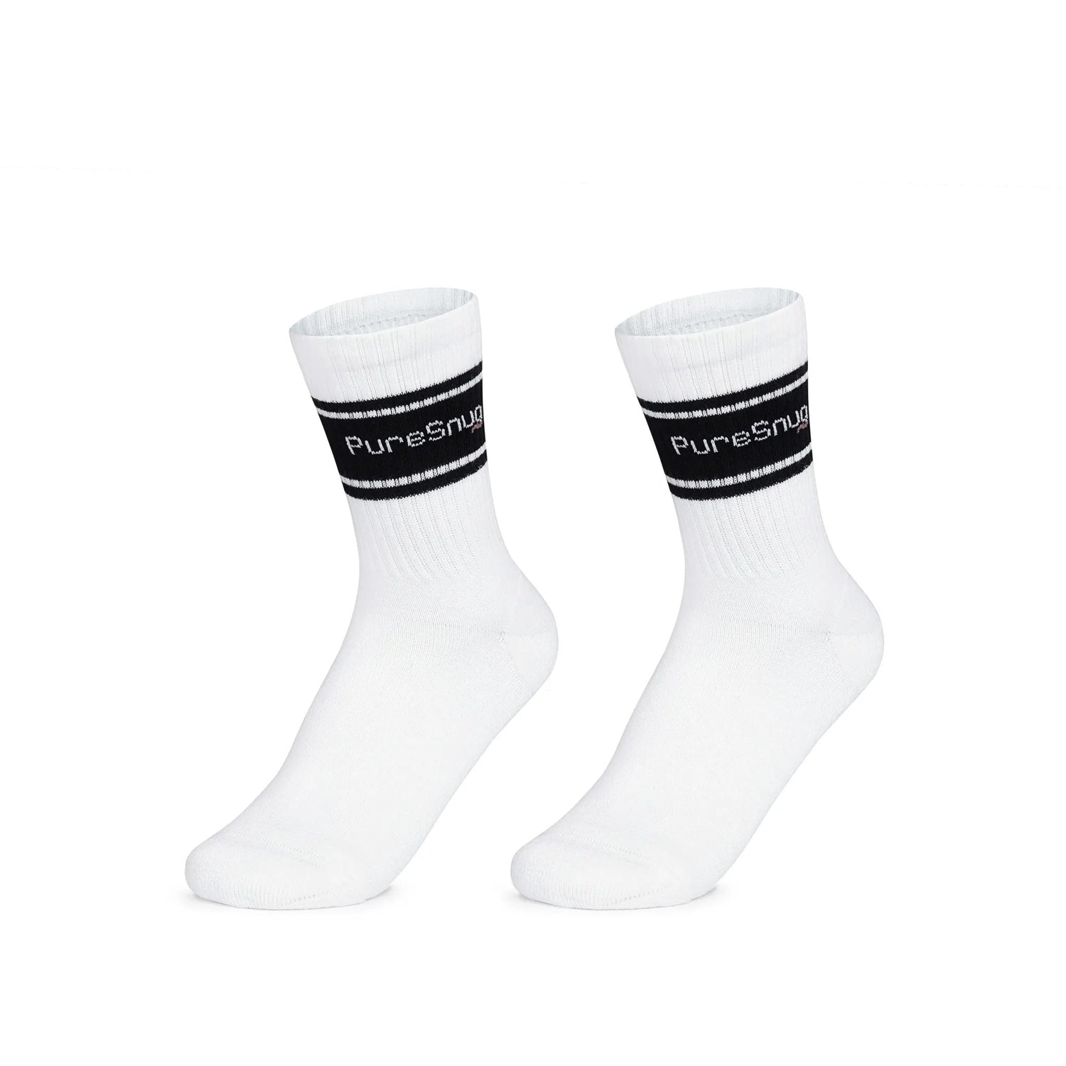 White athletic socks with black stripes and “PureSnug” cuffs, set on a plain background for a clean, crisp look.