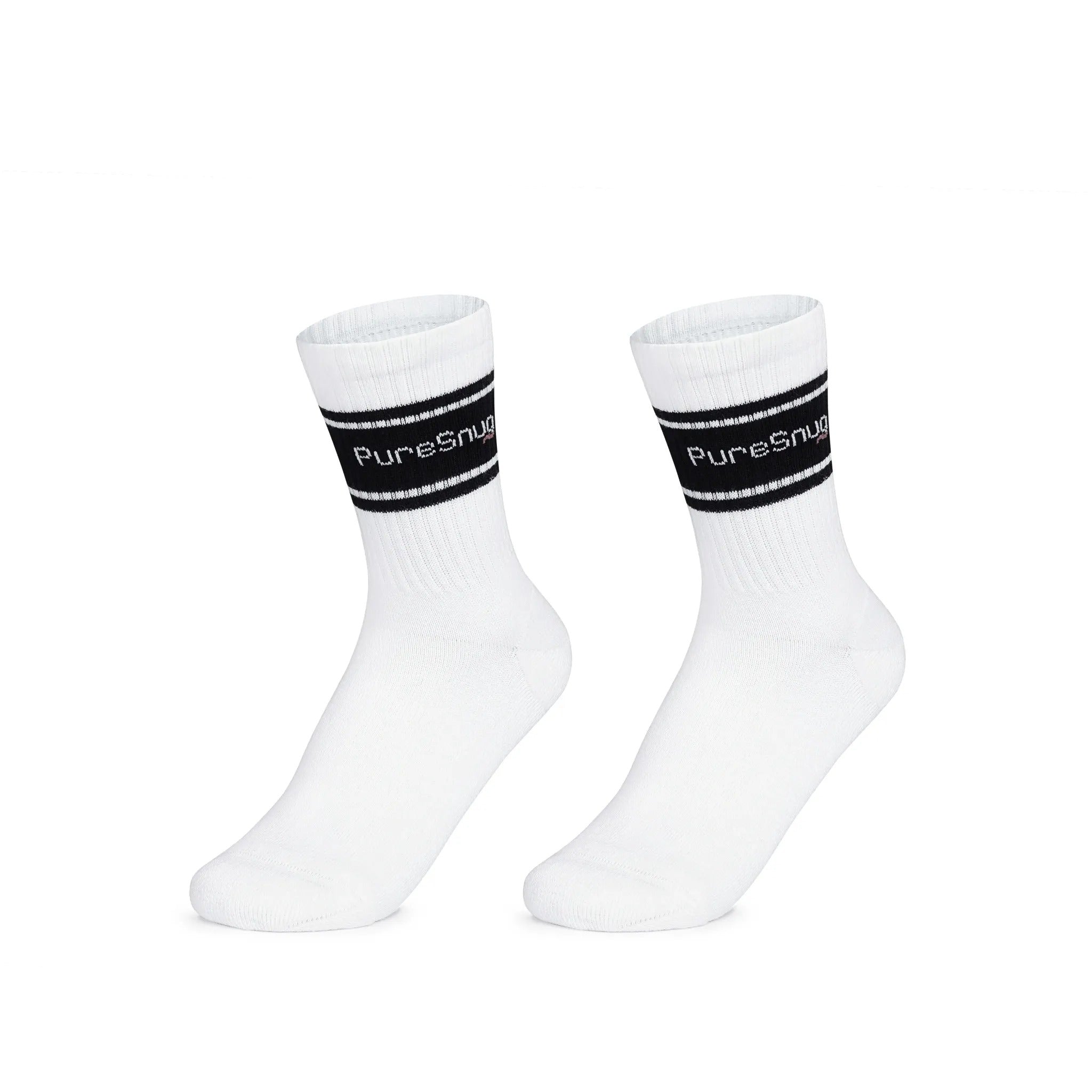 White athletic socks with black stripes and “PureSnug” cuffs, set on a plain background for a clean, crisp look.