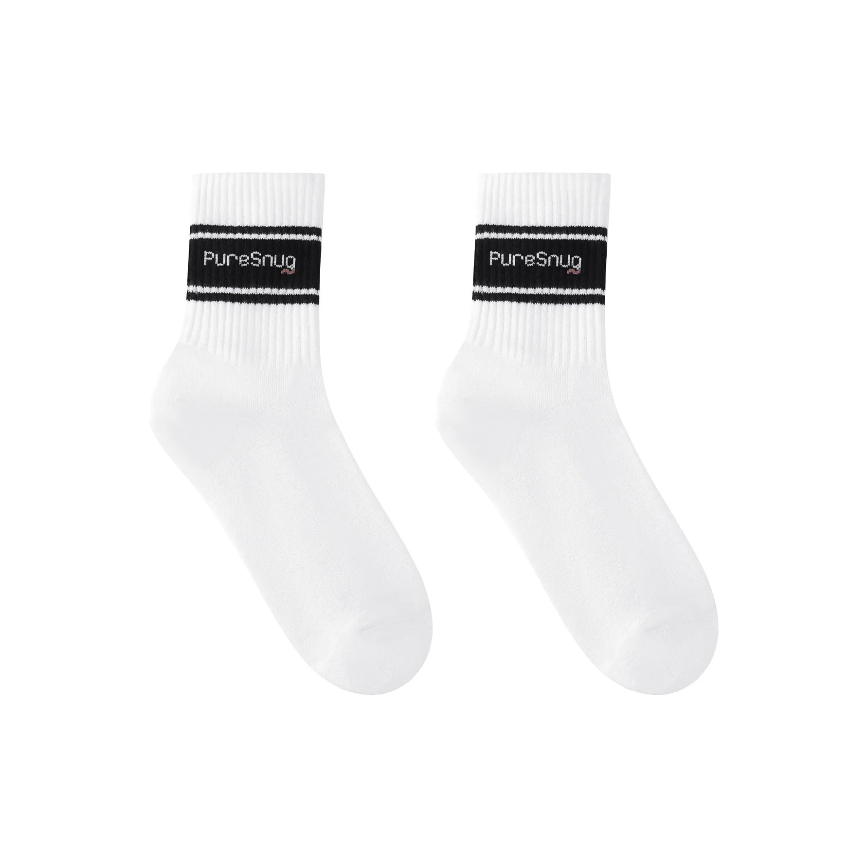 White ankle socks with black stripes and “PureSnug” cuffs, styled simply against a clean white background.