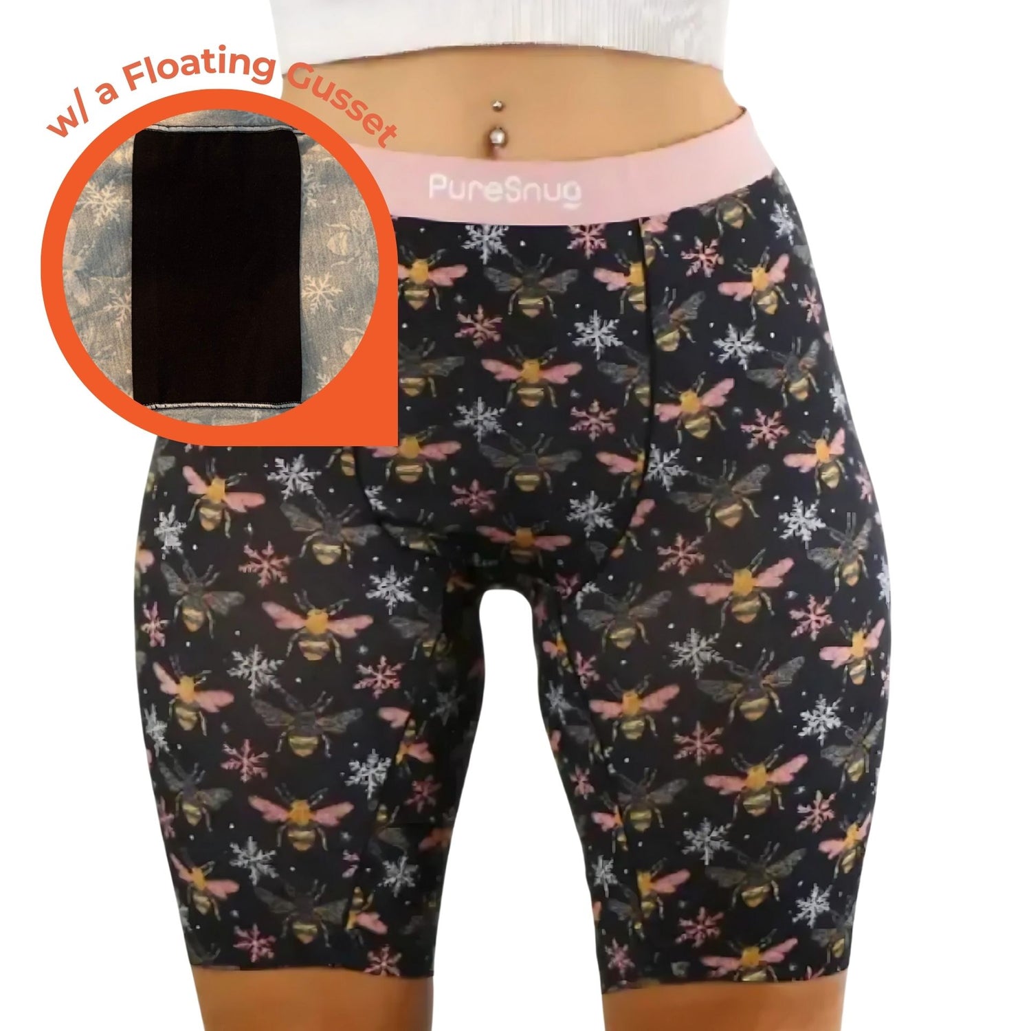 Pure Snug bees print biker briefs underwear, featuring a black colour organic cotton floating gusset, works well with pads or pads with wings.    