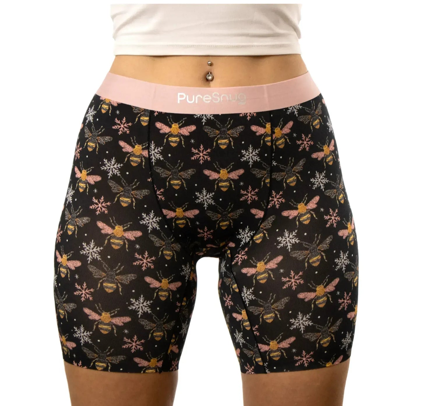 puresnug ladies' boxer briefs in bees print with pink waistband color, smooth, elegant and comfy, no chafing, no ride up, no panty line, Australia