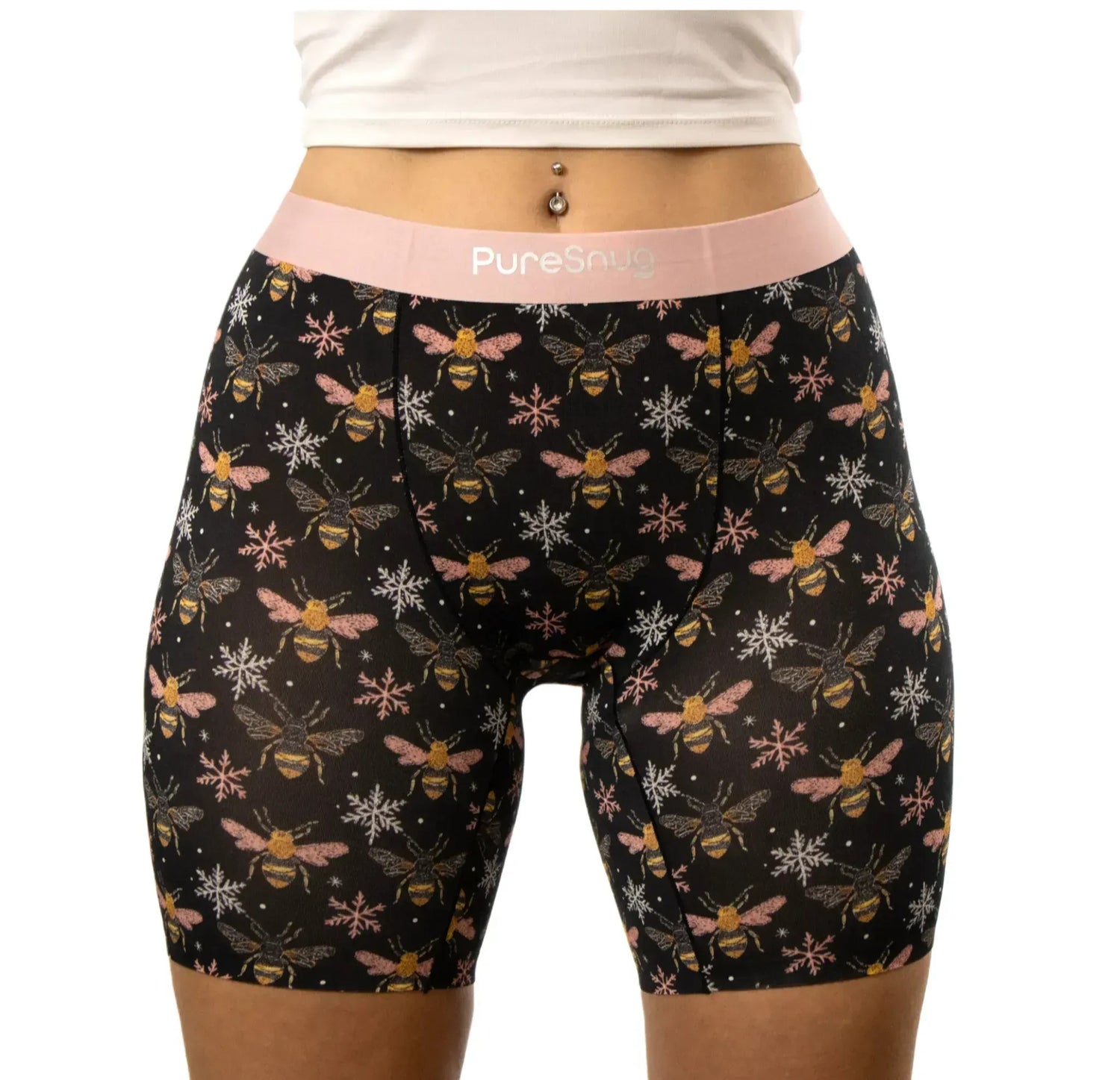 PureSnug ladies' bees-print boxer briefs with pink waistband. Smooth, comfy, no chafing, no ride-up, no panty line.