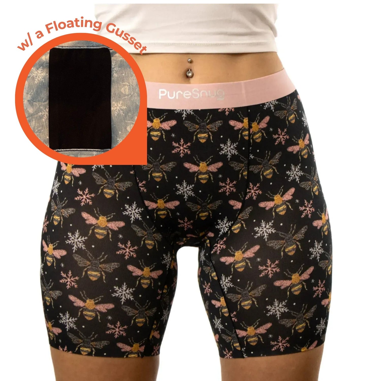 Pure Snug bees print boxer briefs with a black colour floating gusset, works well with pads or pads with wings.    