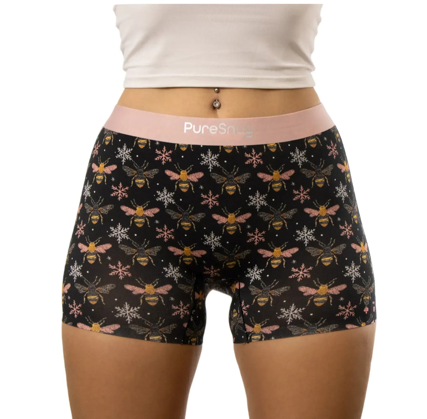 puresnug boyleg in bee print,with soft pink waistband, smooth, comfy, no wedgies, no chafing, no ride ups, no panty line, Australia