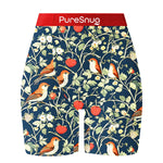 Women's biker  briefs with bird and strawberry pattern on a navy blue background, and berry red waistband,  featuring the brand 'PureSnug'.