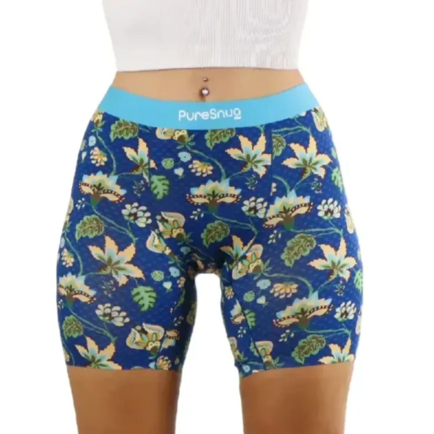 PureSnug blue floral shorts with light blue waistband, featuring leaves and flowers.