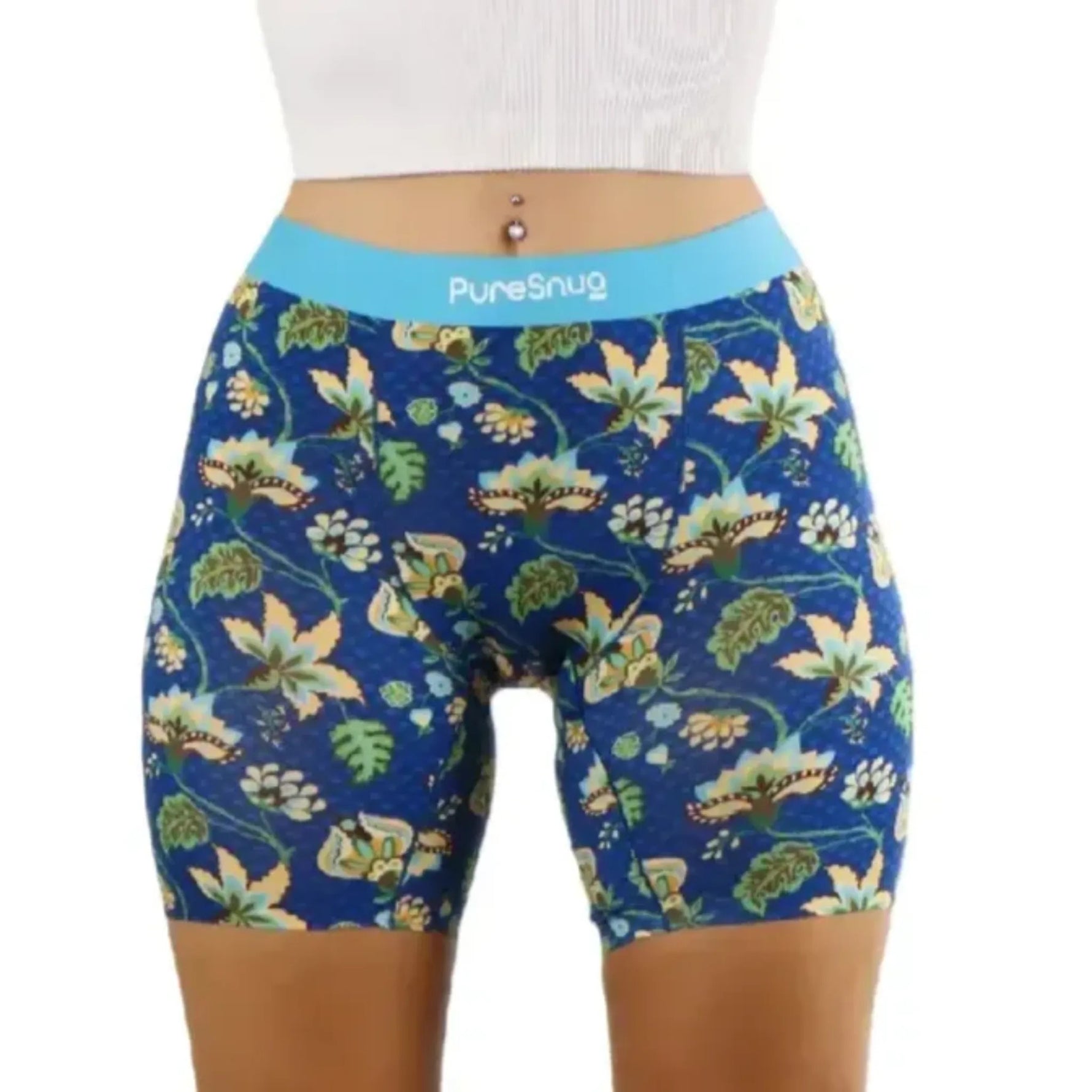 PureSnug blue floral shorts with light blue waistband, featuring leaves and flowers.