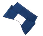 Blue fabric belt with a wide white gusset section in the center, laid flat on a white background.