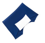 Blue fabric belt with a wide white gusset section in the center, laid flat on a white background.