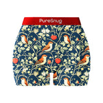 Boyleg briefs with bird and strawberry pattern on a navy blue background, and berry red waistband,  featuring the brand 'PureSnug'.