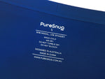 Close-up of a garment care label on blue fabric. It reads "PureSnug S, 90% Modal, 10% Spandex," with washing instructions.