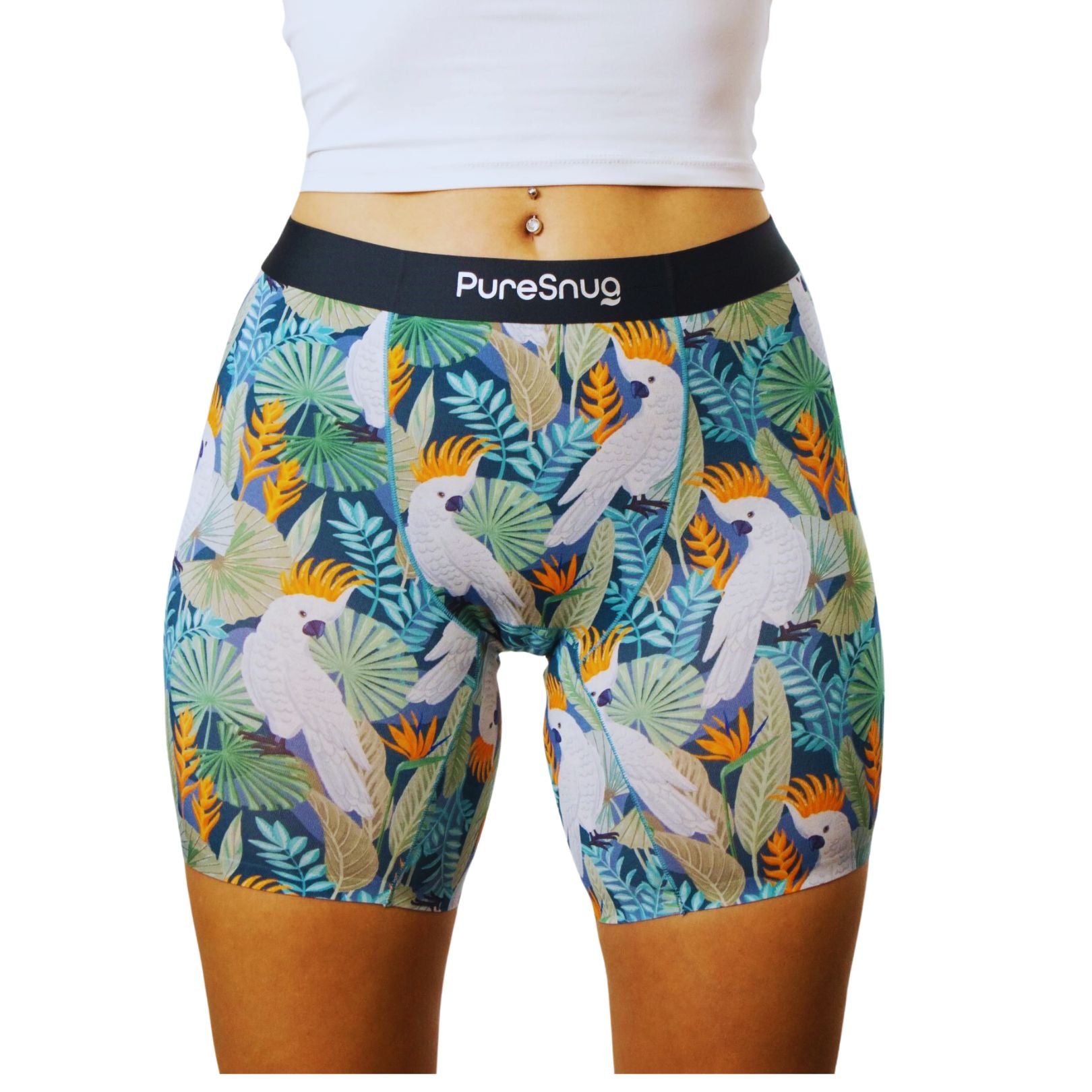 PureSnug ladies' boxer briefs in australian native bird print, cockatoo print, in a green background, AU