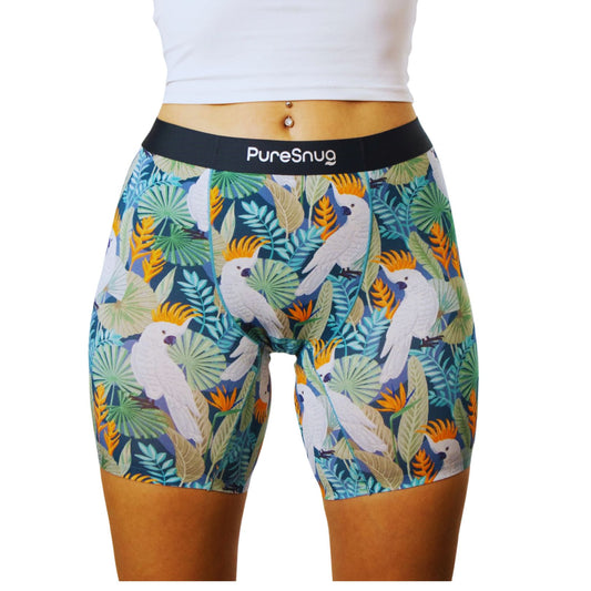 PureSnug ladies' boxer briefs in australian native bird print, cockatoo print, in a green background, AU