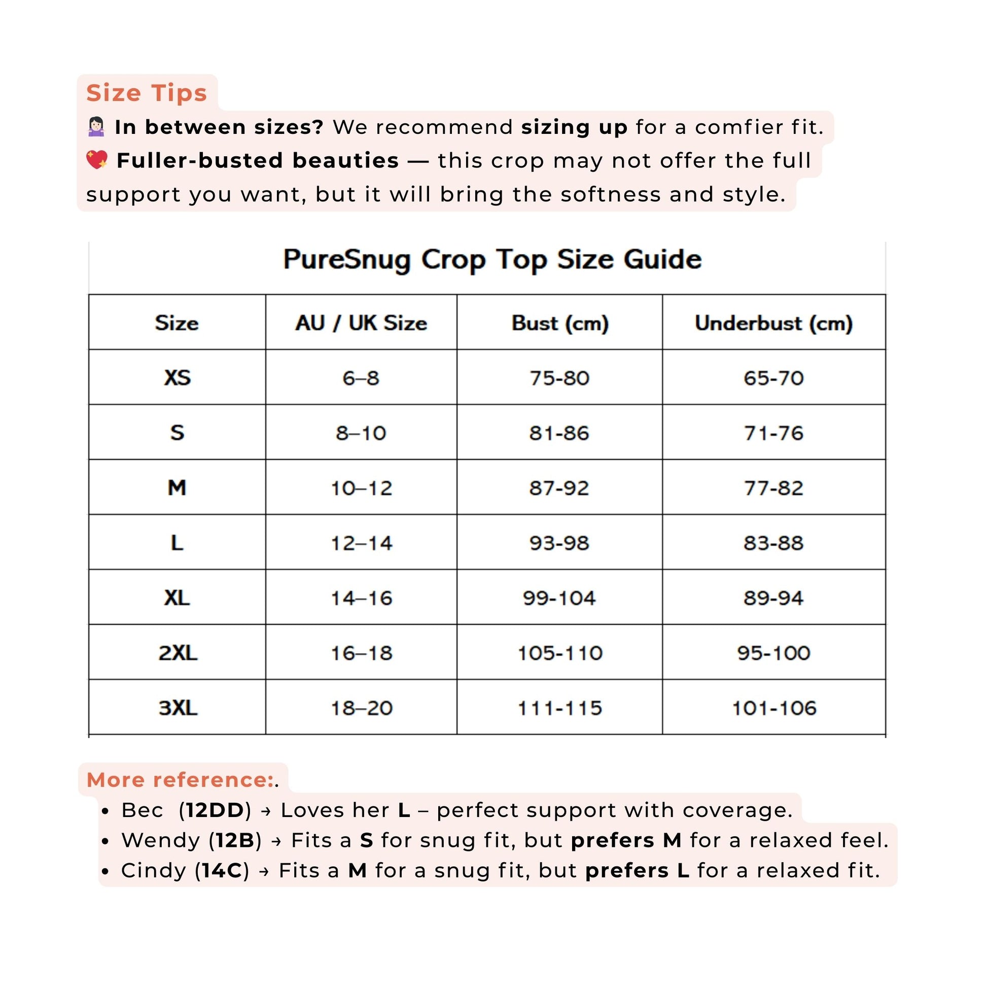 the crop top bralette size chart of pure snug,highlight the size up recommendation and also some reference of different cups. puresnug Australia. comfort, and fun. wireless