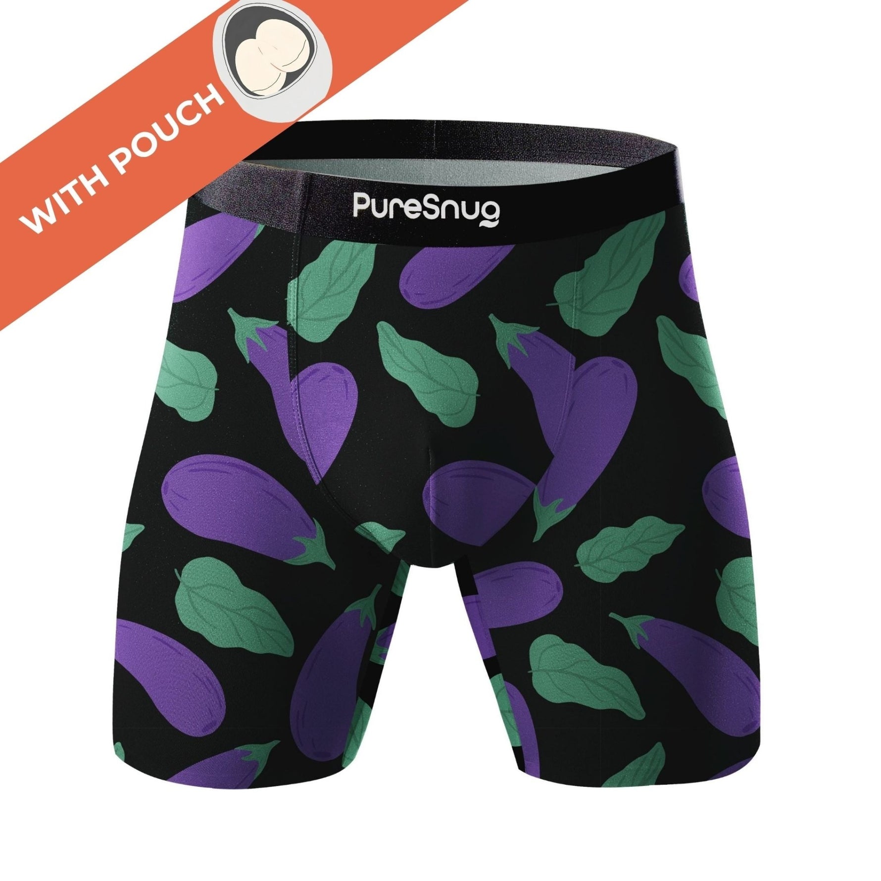 PureSnug men's boxer briefs with supportive pouch in vibrant eggplant print, featuring ultra-soft TENCEL™ Modal fabric