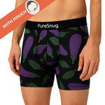 Man  wearing black boxer briefs with eggplant print, a waistband labeled "PureSnug." An orange banner with "WITH POUCH"
