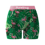 PureSnug underwear, ladies' boxer briefs 5" inseam, featuring a tropical flamingo print with pink flamingos and green leaves