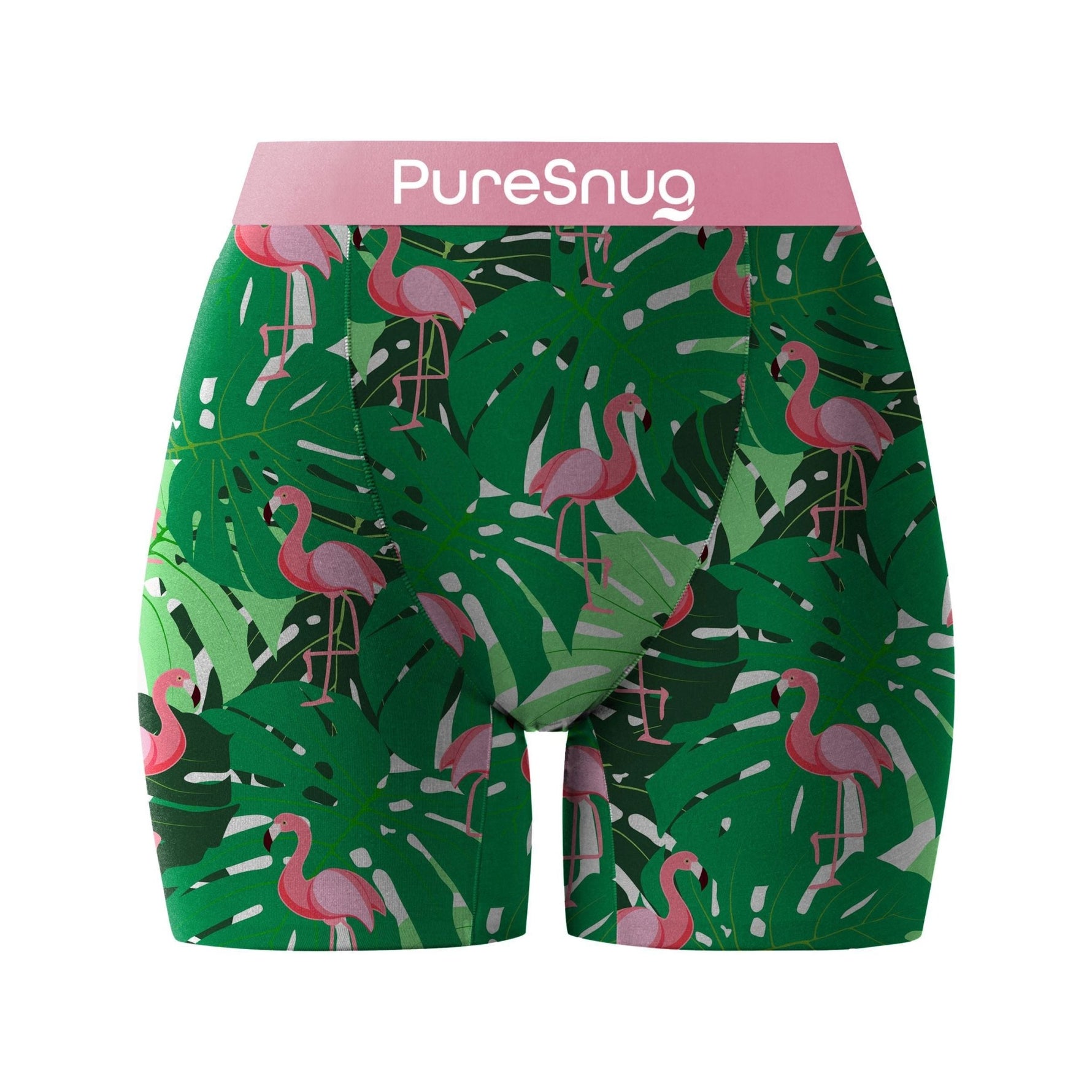 PureSnug underwear, ladies' boxer briefs 5" inseam, featuring a tropical flamingo print with pink flamingos and green leaves